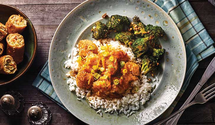 Orange Sriracha Shrimp and Broccoli with Pecan Crunch