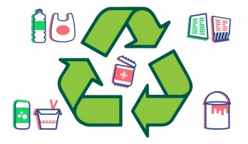 green recycling arrows in the middle surrounded by recyclable trash pieces