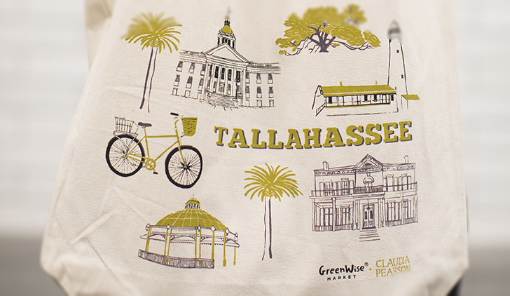 GreenWise Market canvas bag close up with Tallahassee written on it