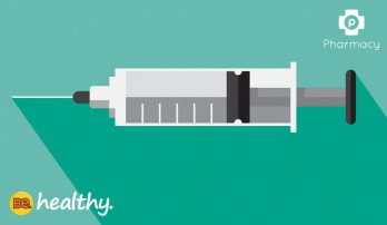 Syringe on aqua green background with Publix Pharmacy logo and Be healthy logo