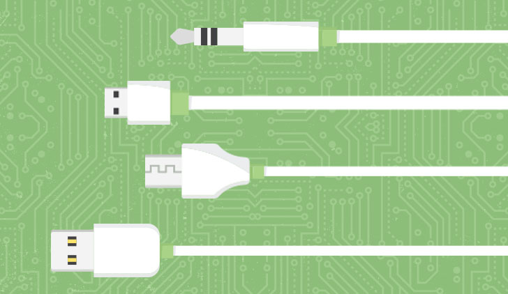 Phone and gadget chords on green tech background