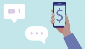 Illustration of hand holding a cell phone with the money symbol on screen, and two speech bubbles on the left.