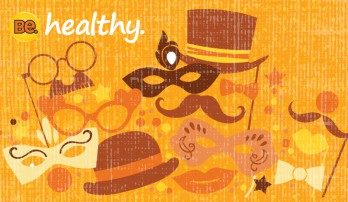 Illustration of masks, bows and hats in orange and brown hues, with the words Be healthy top left.