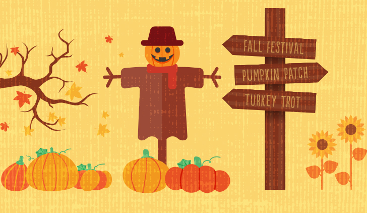 Illustration of scarecrow with jack-o-lantern head, with pumpkins at the bottom, and a sign pointing to Fall Festival, Pumpkin Patch and Turkey Trot.