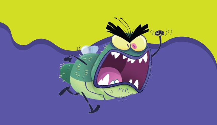 Cartoon image of an angry flu bug, green and furry, with yellow eyes, and holding a little fist in the air, on a purple and green background.