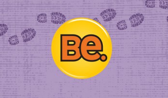 Be. logo. Be in orange inside a yellow circle on a purple background with footsteps at the top.