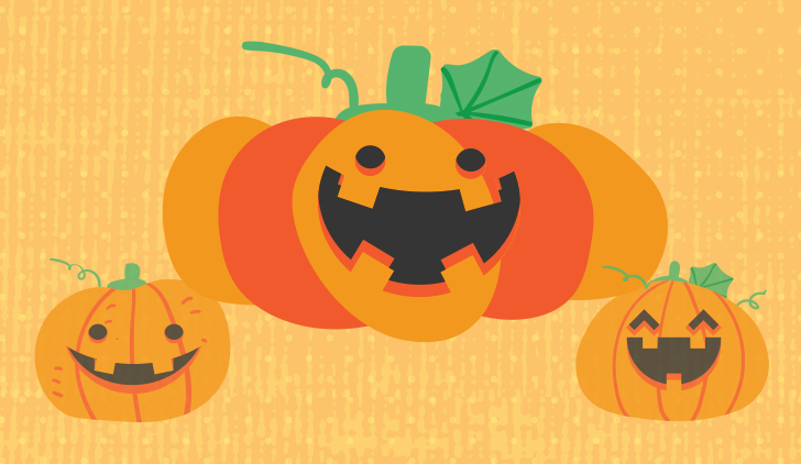 Three Jack-o-lanterns smiling on a light orange background.