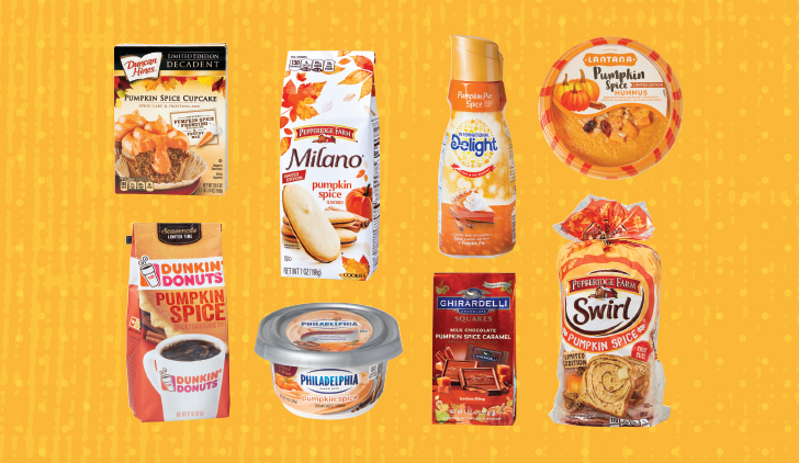 Pumpkin spice flavored products, cupcake mix, coffee, Milano cookies, cream cheese, caramel chocolate, coffee creamer, hummus and swirl bread