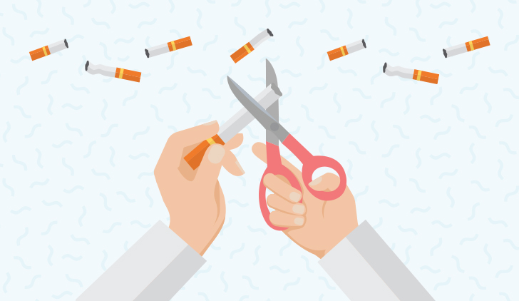 Illustration of hands holding scissors and cutting a cigarette, and scattered cigarettes at the top.