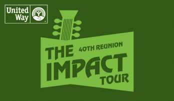 United Way Logo in the top left corner in white, and with The Impact Tour 40th Reunion logo in the center.